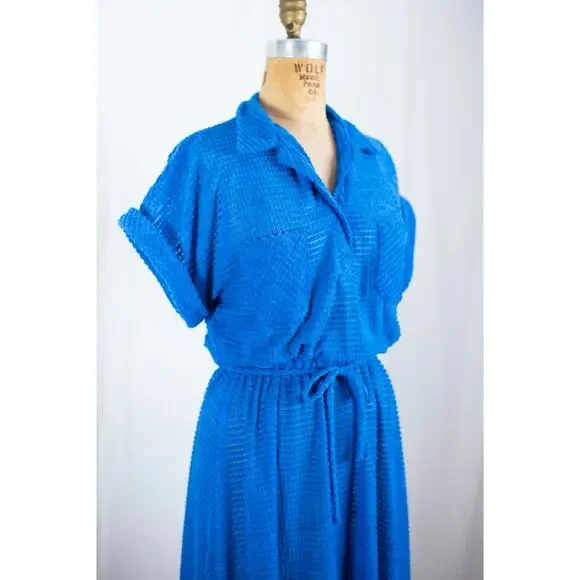 Vintage 70s Royal Blue Terry Cloth Textured Midi Dress, Indie Mod Retro, Small - Picture 6 of 10